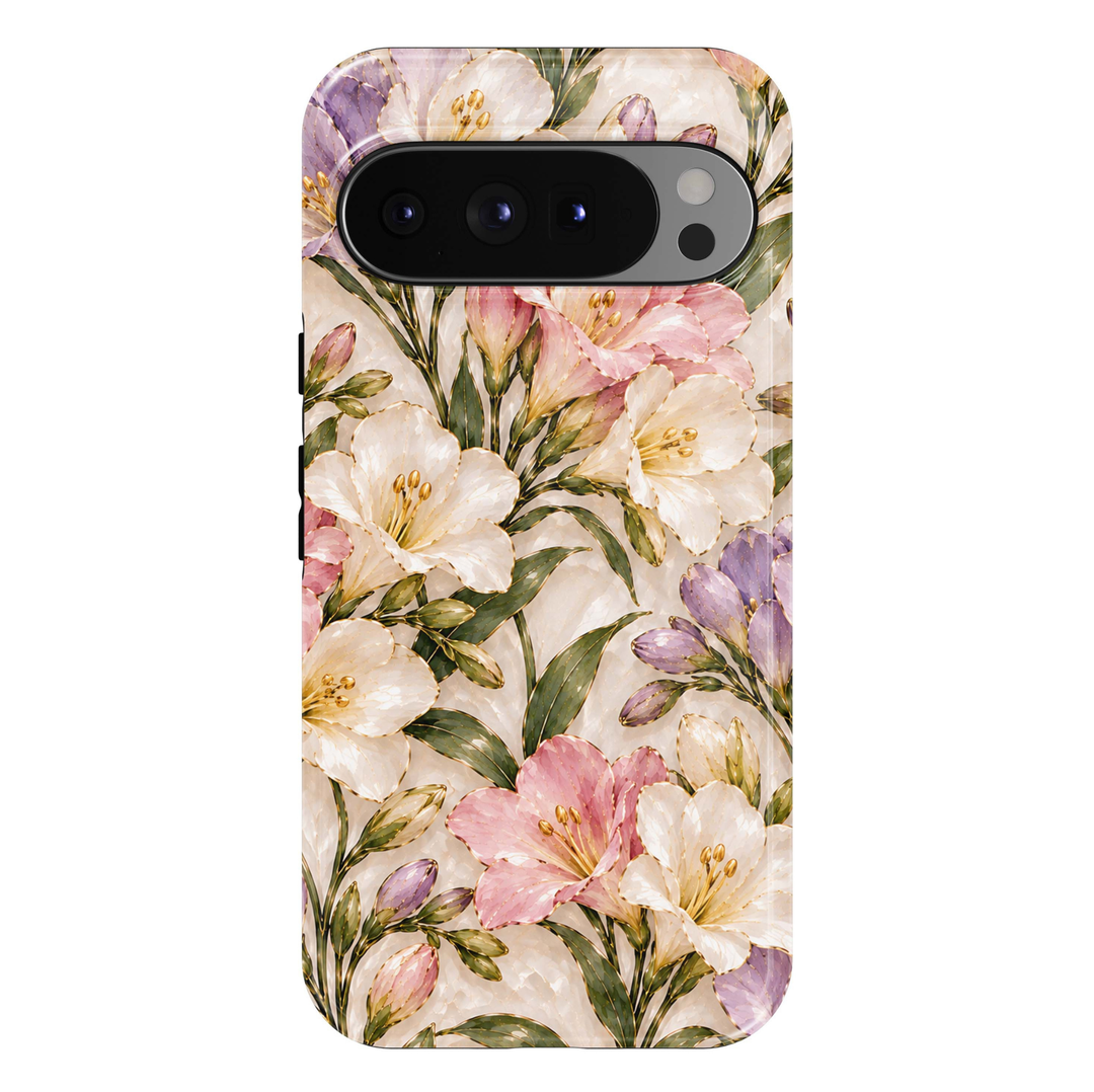Pastel Lily Garden Google Pixel case featuring ivory-white, blush-pink and lavender lily flowers with golden stamens, sage-green leaves, delicate flower buds and champagne-gold botanical accents on a pearl-cream background.