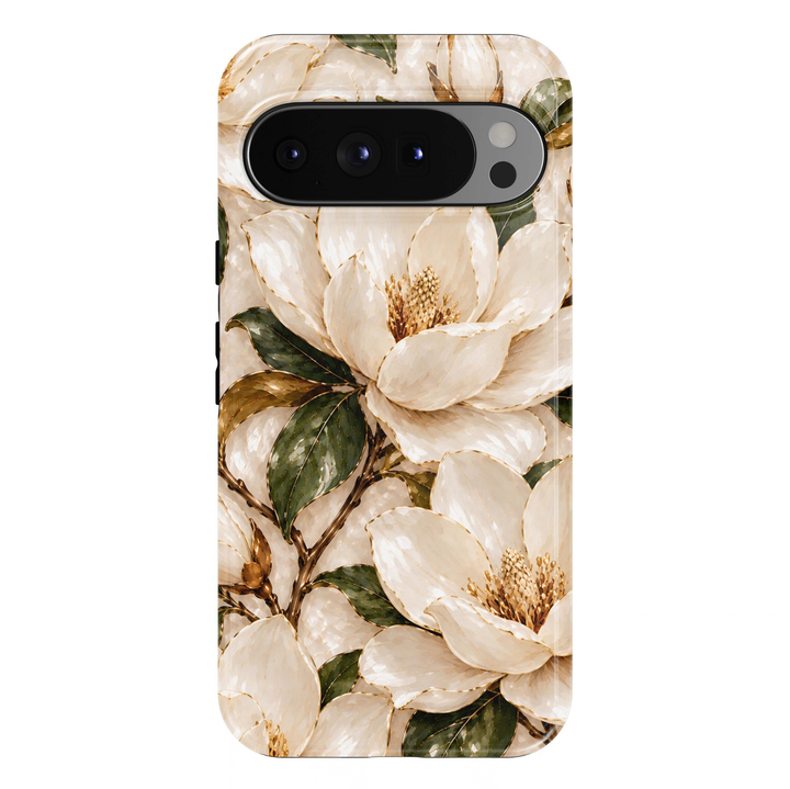 Ivory Magnolia Google Pixel case featuring oversized ivory-white magnolia flowers with champagne-gold centers, delicate gold botanical outlines and deep emerald-green leaves on a luminous pearl-cream background.
