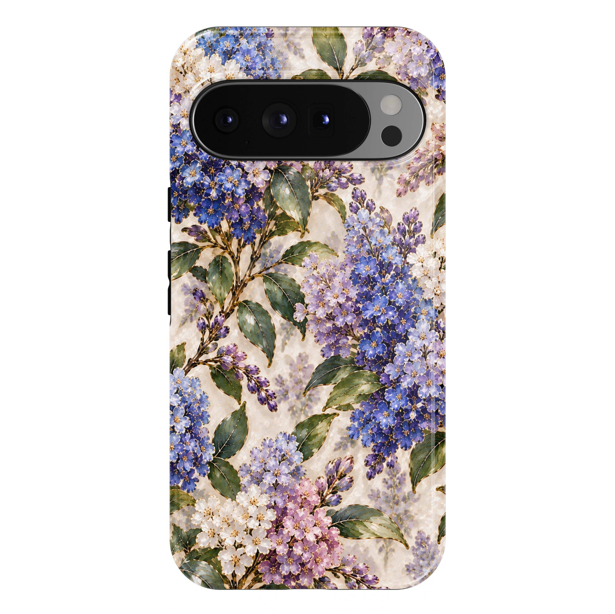 Blue Hydrangea Garden Google Pixel case featuring clusters of sapphire-blue, lavender, periwinkle, white and blush-pink flowers with sage-green leaves and delicate gold botanical accents on an ivory background.