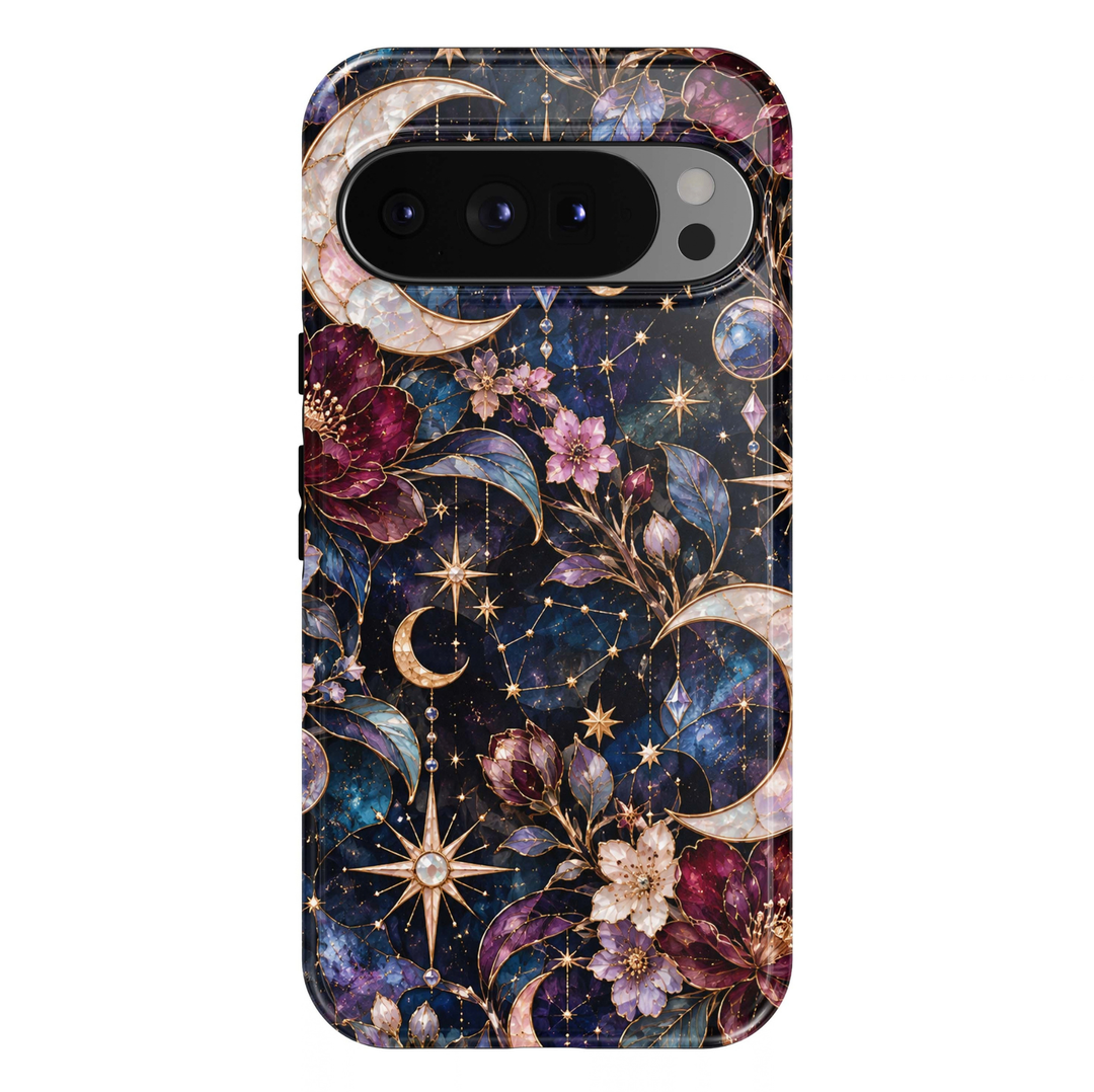 Celestial Bloom Google Pixel case featuring pearl crescent moons, gold stars, constellation details, burgundy and lavender flowers, sapphire-blue leaves and crystal charms on a dark navy galaxy background.
