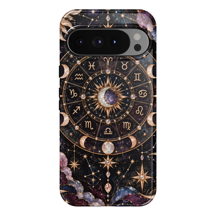 Zodiac Royale Google Pixel case featuring an ornate gold astrology zodiac wheel with twelve zodiac symbols, pearl crescent moons, celestial stars, crystal charms and navy violet galaxy clouds on a dark background.