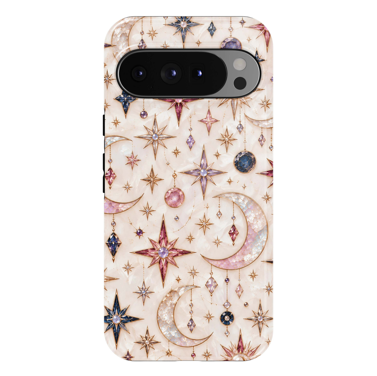 Lucky Stars Google Pixel case featuring pearl crescent moons, jeweled pink, lavender and sapphire stars, crystal charms and gold celestial accents on a creamy ivory background.