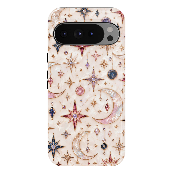Lucky Stars Google Pixel case featuring pearl crescent moons, jeweled pink, lavender and sapphire stars, crystal charms and gold celestial accents on a creamy ivory background.