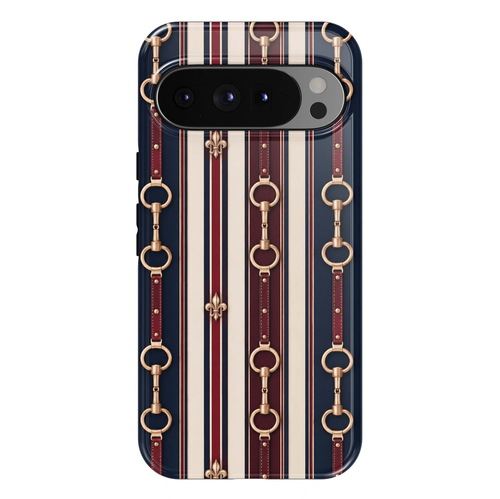 Cambridge Stripe Google Pixel case featuring navy, cream and burgundy vertical stripes with burgundy leather-style straps, gold horse-bit hardware and fleur-de-lis accents.