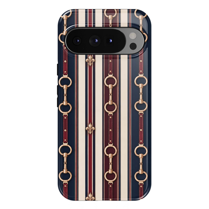 Cambridge Stripe Google Pixel case featuring navy, cream and burgundy vertical stripes with burgundy leather-style straps, gold horse-bit hardware and fleur-de-lis accents.
