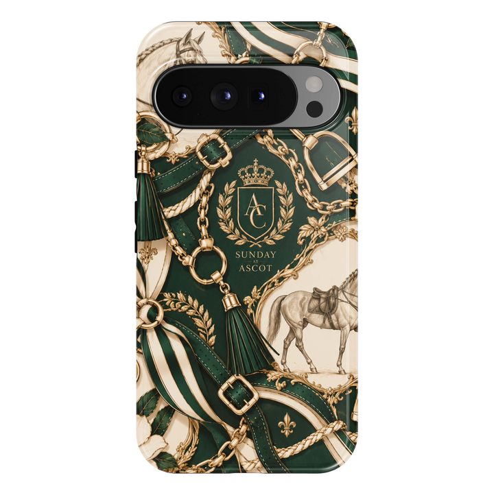 Sunday at Ascot Google Pixel case featuring forest green and ivory equestrian artwork with horses, gold chains, stirrups, tassels, striped ribbons and crest details.