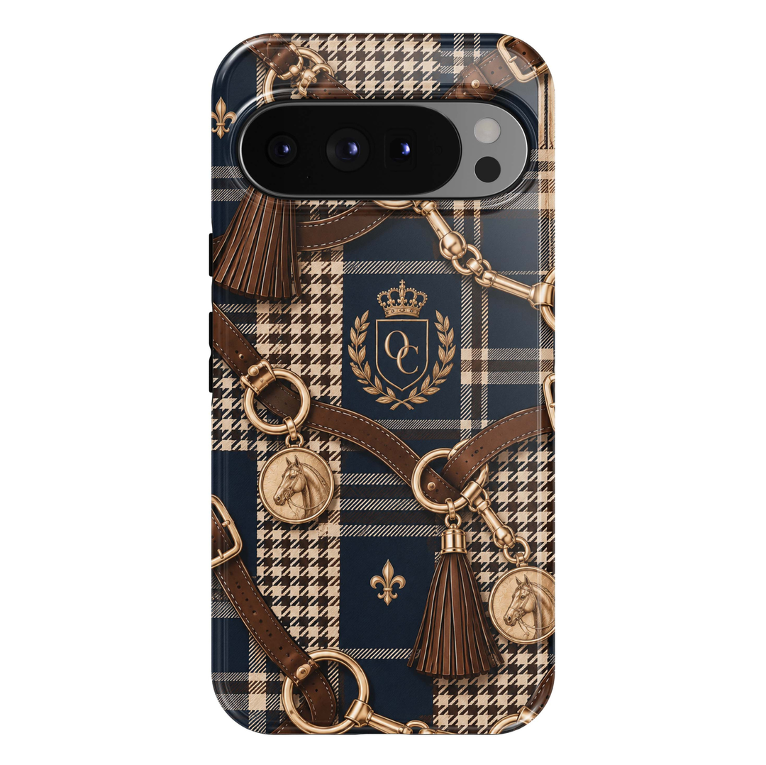 Oxford Check Google Pixel case featuring navy, cream and brown plaid and houndstooth with gold equestrian hardware, horse medallions and leather-style straps.