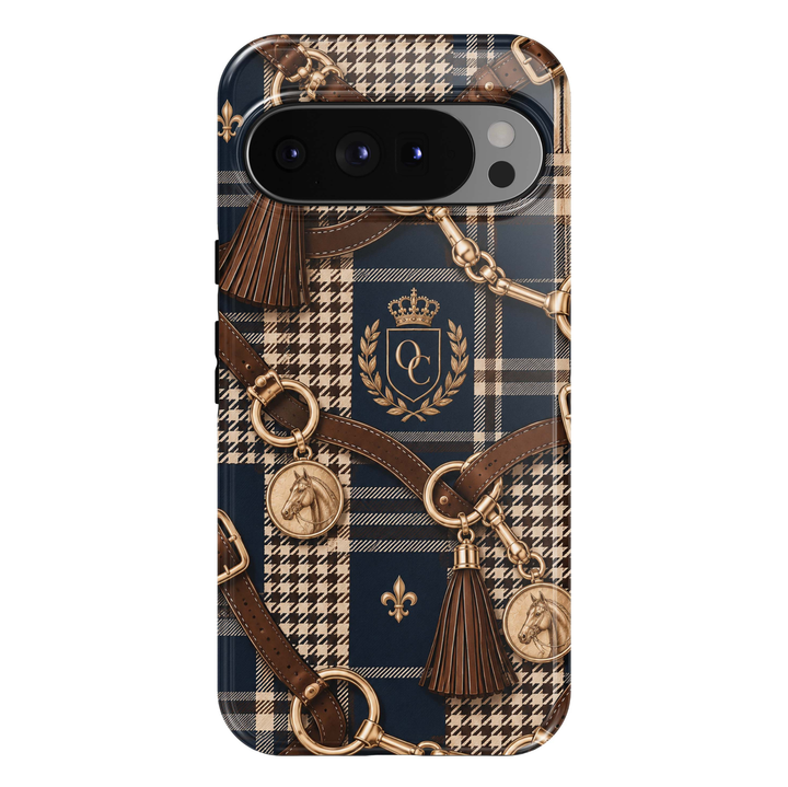Oxford Check Google Pixel case featuring navy, cream and brown plaid and houndstooth with gold equestrian hardware, horse medallions and leather-style straps.