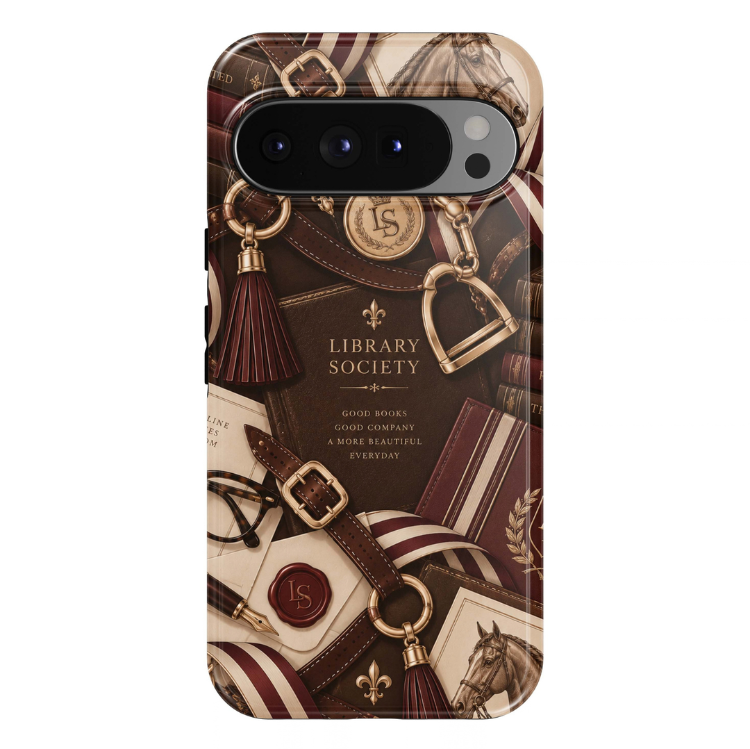 Library Society Google Pixel case featuring vintage books, equestrian illustrations, brown leather straps, burgundy ribbons, gold hardware, letters and wax seal details.