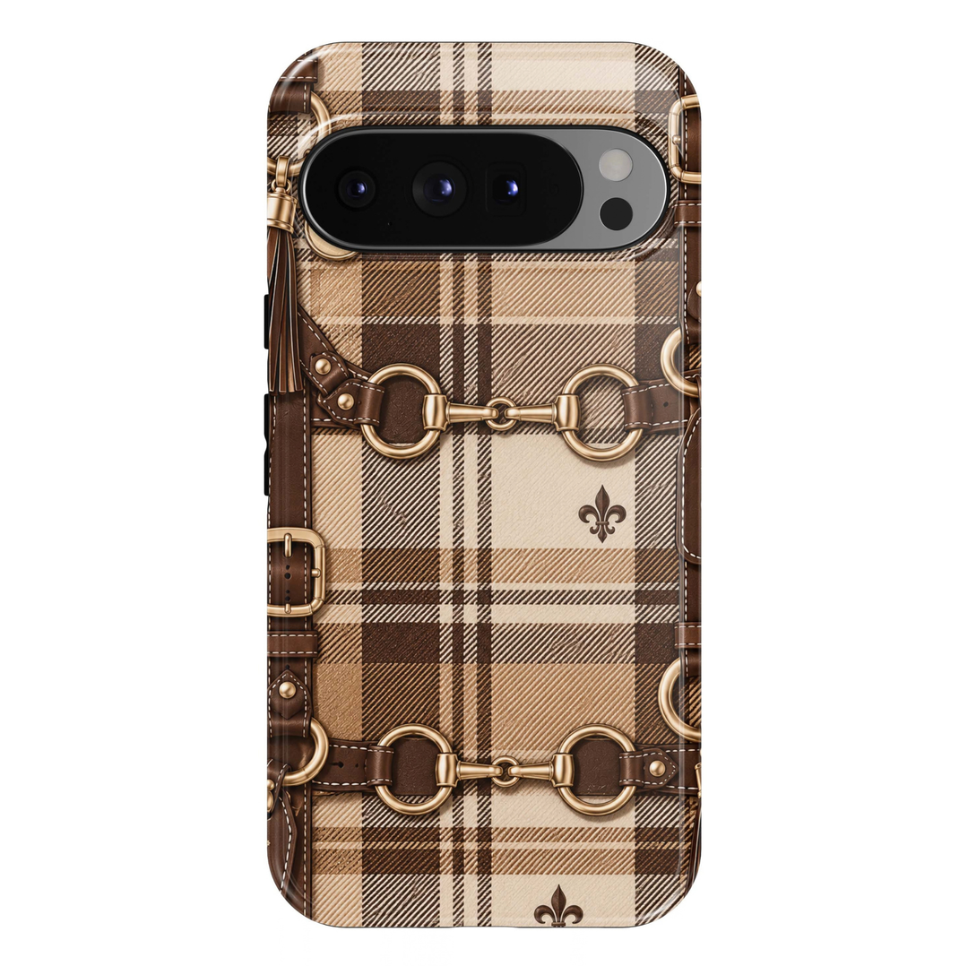 Cashmere Plaid Google Pixel case featuring camel, chocolate and ivory plaid with brown leather-style straps, gold horse-bit hardware, buckles and tassels.