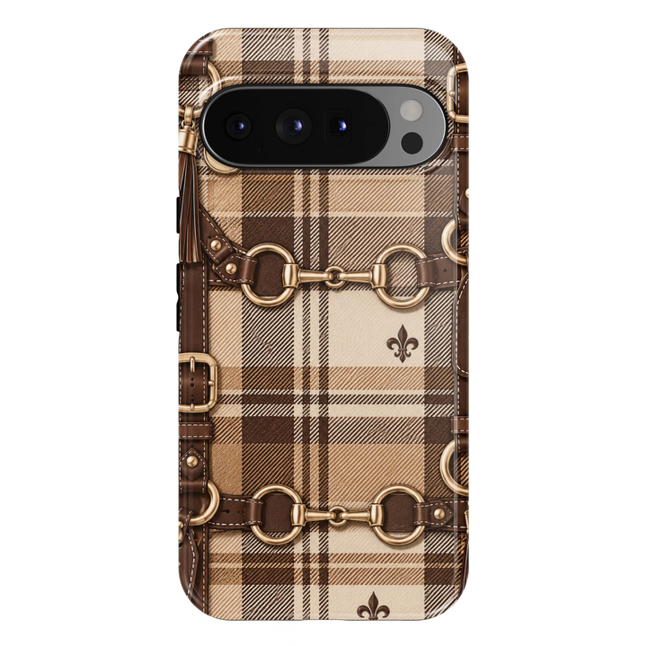 Cashmere Plaid Google Pixel case featuring camel, chocolate and ivory plaid with brown leather-style straps, gold horse-bit hardware, buckles and tassels.