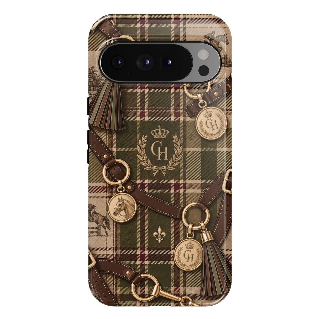 Country Heritage Google Pixel case featuring olive green, camel and burgundy plaid with brown leather-style equestrian straps, gold horse-bit hardware, horse medallions, tassels and regal crest details.