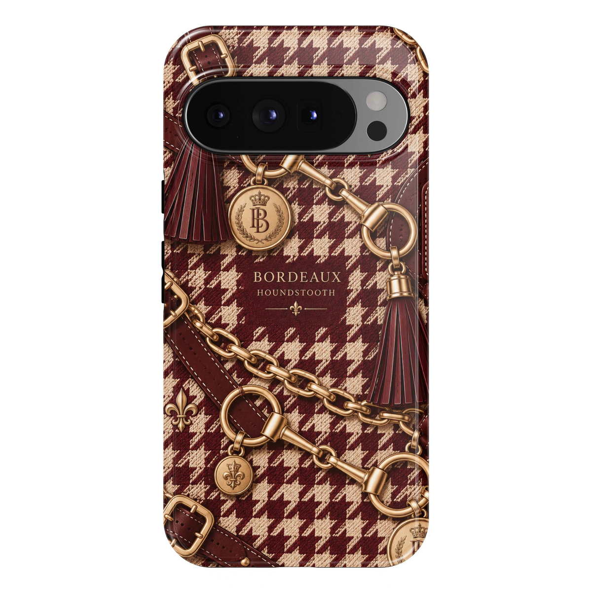 Bordeaux Houndstooth Google Pixel case featuring burgundy and cream houndstooth with gold chains, equestrian hardware, leather-look straps, tassels and regal medallions.