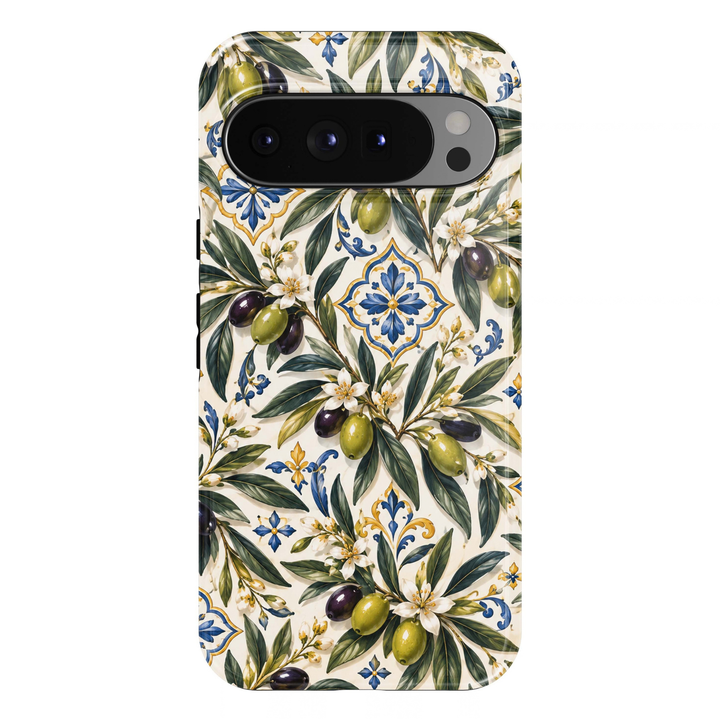Tuscan Olive Google Pixel case featuring green and purple olives, leafy olive branches, white blossoms and cobalt blue and gold Mediterranean tile motifs on an ivory background.