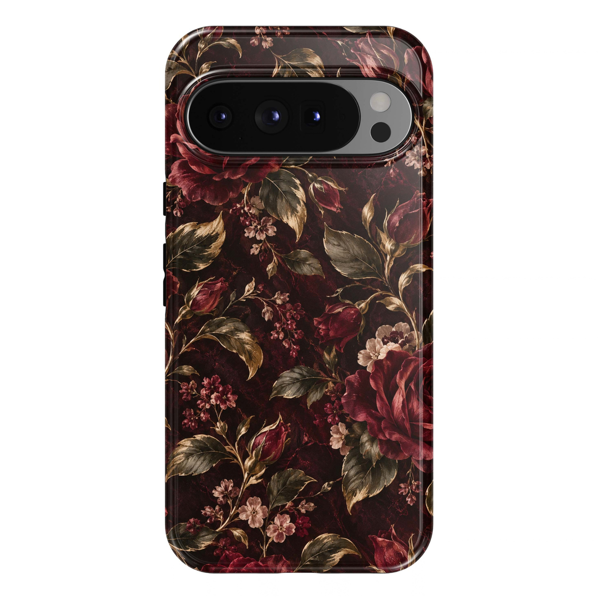 Crimson Heirloom Google Pixel case featuring deep crimson and burgundy roses, blush blossoms and antique olive-gold leaves on a dark wine botanical backgroun