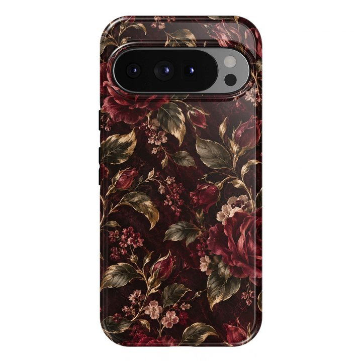 Crimson Heirloom Google Pixel case featuring deep crimson and burgundy roses, blush blossoms and antique olive-gold leaves on a dark wine botanical backgroun