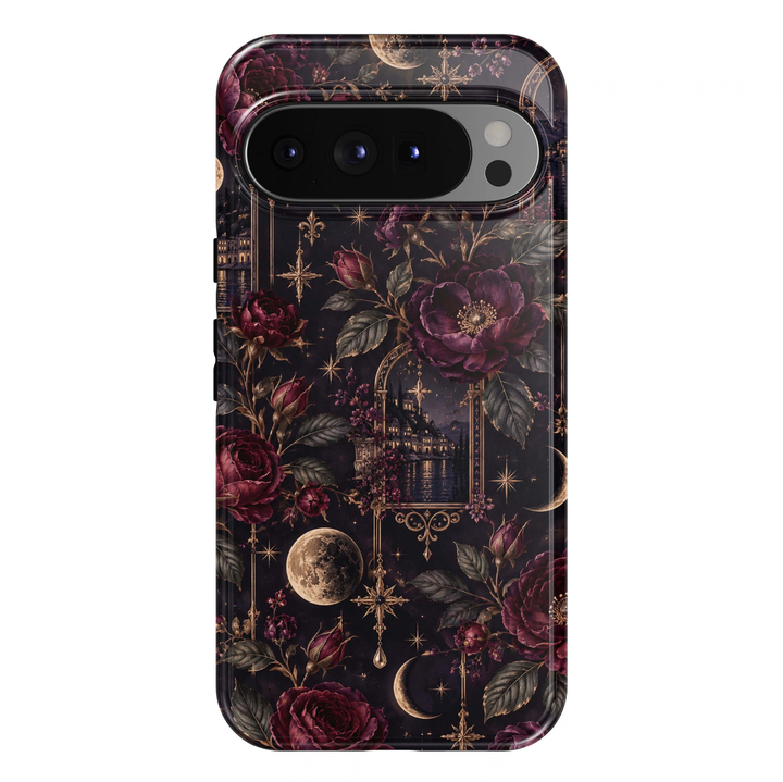 Moonlit Rose Manor Google Pixel case featuring burgundy and plum roses, antique gold moons and stars, dark botanical leaves and an ornate moonlit manor scene on a black background.
