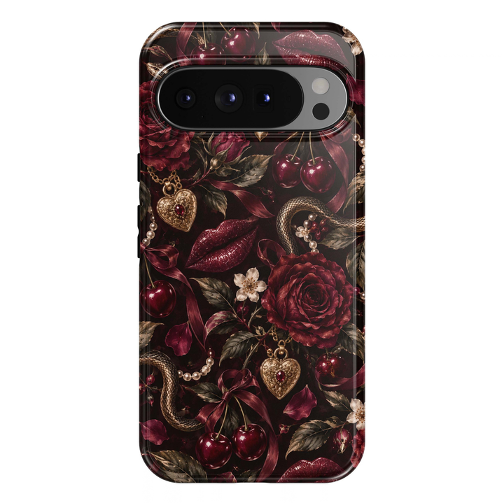 Forbidden Cherry Google Pixel case featuring dark red cherries, burgundy roses, wine-red lips, serpents, pearls, velvet bows and antique gold heart lockets on a black background.