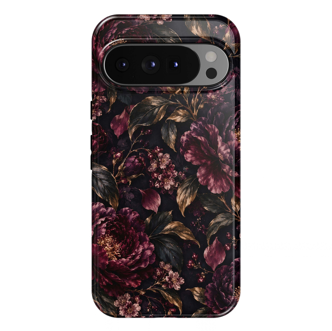 Burgundy Nocturne Google Pixel case featuring deep burgundy and wine flowers, dusty mauve blossoms, dark leaves and antique gold botanical accents on a black background.