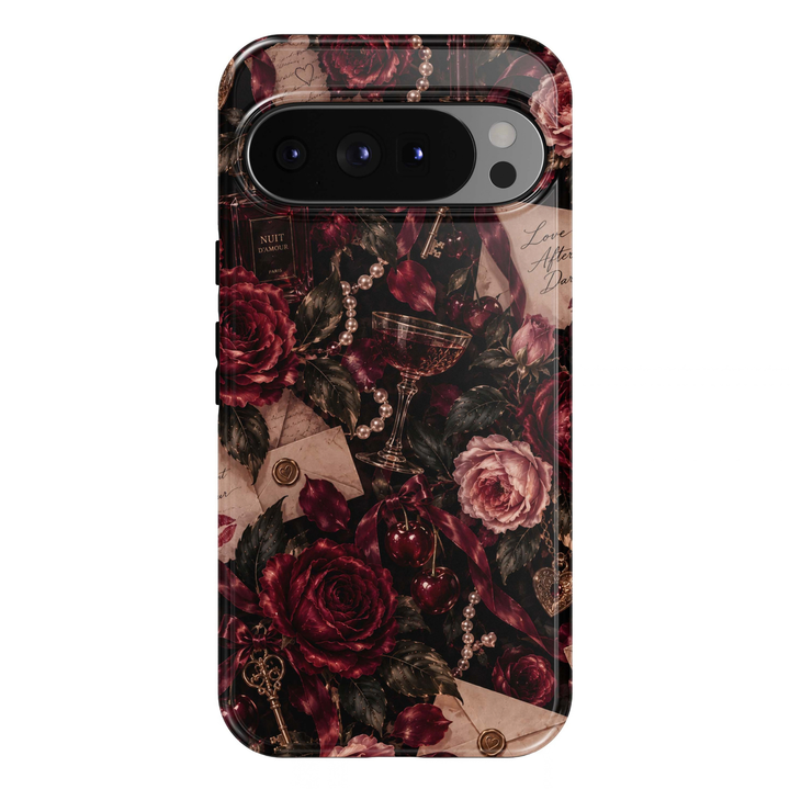Love After Dark Google Pixel case featuring burgundy and blush roses, vintage love letters, pearls, antique keys, cherries, velvet ribbons, perfume and an elegant coupe glass on a dark romantic background.