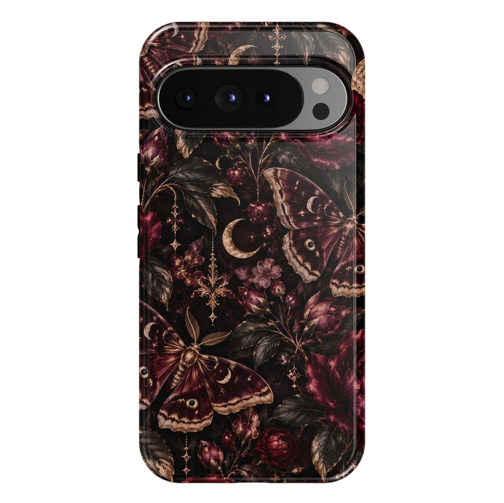 Midnight Moth Garden Google Pixel case featuring burgundy moths, crescent moons, deep wine flowers, dark botanical leaves and antique gold celestial details on a black background.