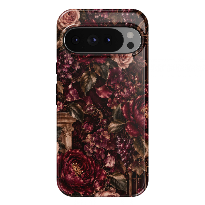 Gothic Burgundy Garden Tapestry Google Pixel case featuring deep burgundy flowers, blush roses, dark botanical leaves, grape clusters and ornate vintage garden details on a dark background.