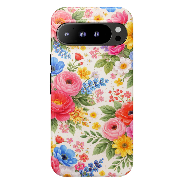 Colorful wildflower Google Pixel 10 Pro case with red yellow and blue meadow flowers on neutral background protective tough case compatible with Pixel 10 Pro Pixel 9 Pro and Pixel 8 Pro botanical floral phone cover.