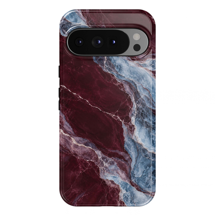 Burgundy Glacier Google Pixel case featuring dramatic burgundy wine-red marble contrasted with icy blue and silver-gray stone-inspired veins and a glossy finish.