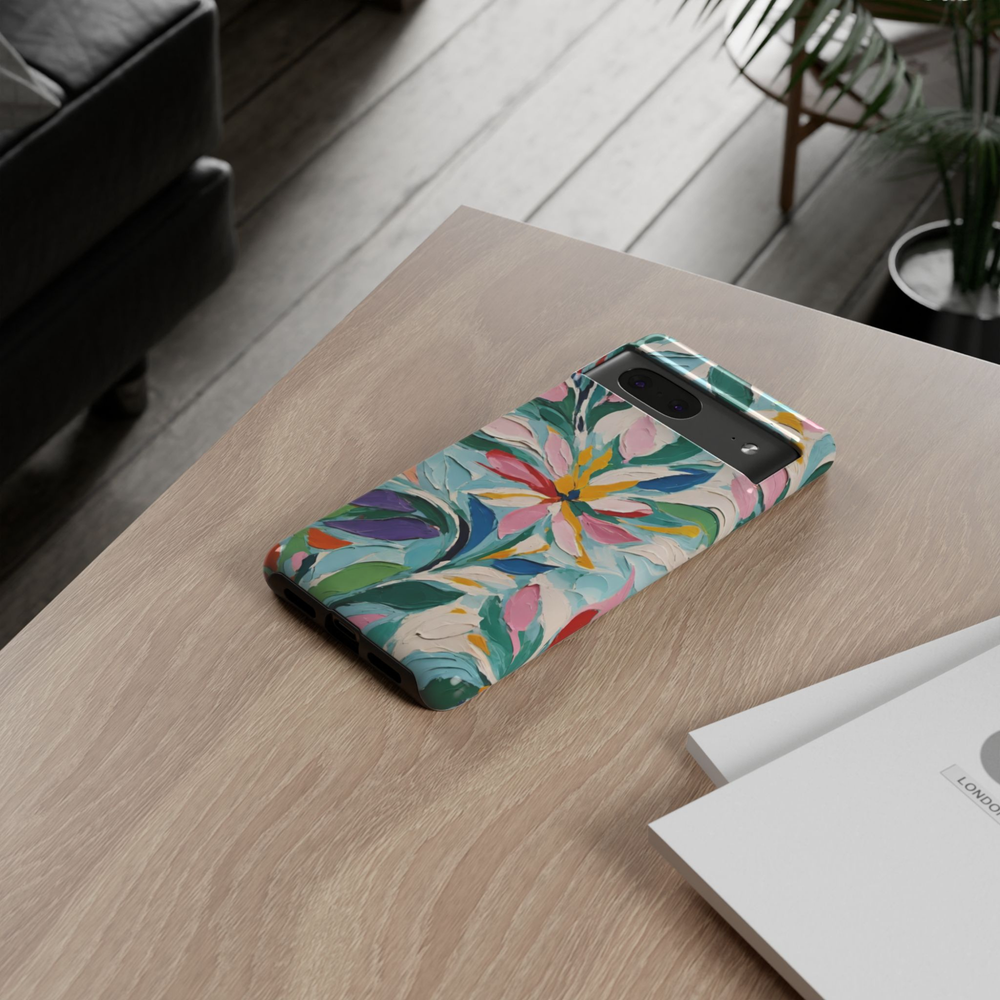 Google Pixel 10 protective phone case featuring a modern abstract floral painting with expressive palette knife brushstrokes in aqua, pink, green, blue, yellow, and white.