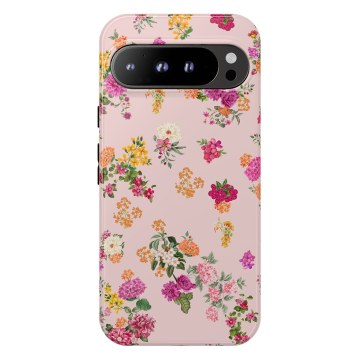 Pink floral Google Pixel 10 Pro case with vintage garden flowers on blush background protective tough case compatible with Pixel 10 Pro Pixel 9 Pro and Pixel 8 Pro feminine botanical aesthetic phone cover.