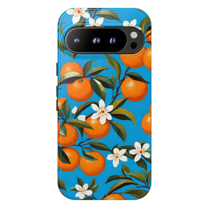 Google Pixel 10 protective phone case featuring vibrant oranges, white orange blossoms, and green leaves on a bright blue Mediterranean-inspired background.