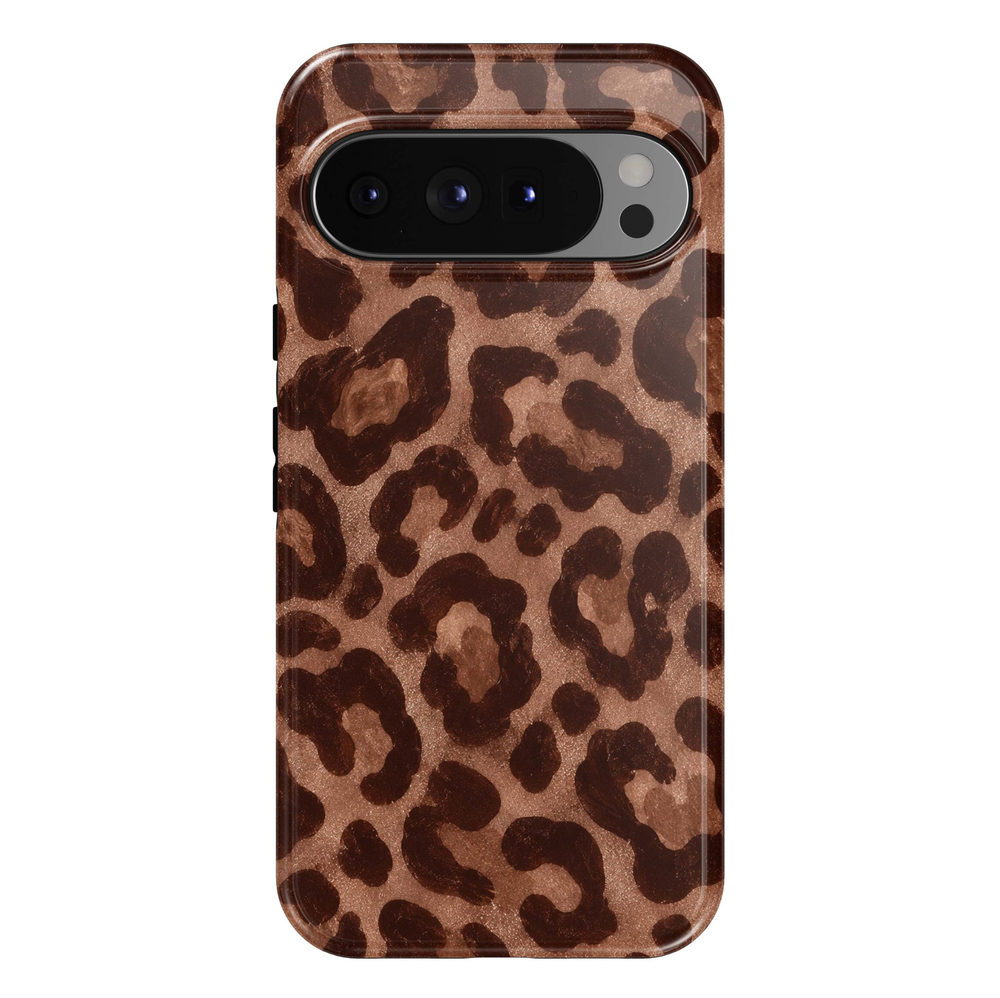 Mocha Leopard Google Pixel phone case featuring bold dark chocolate brown leopard spots on a warm caramel brown background with a subtle printed shimmer effect.