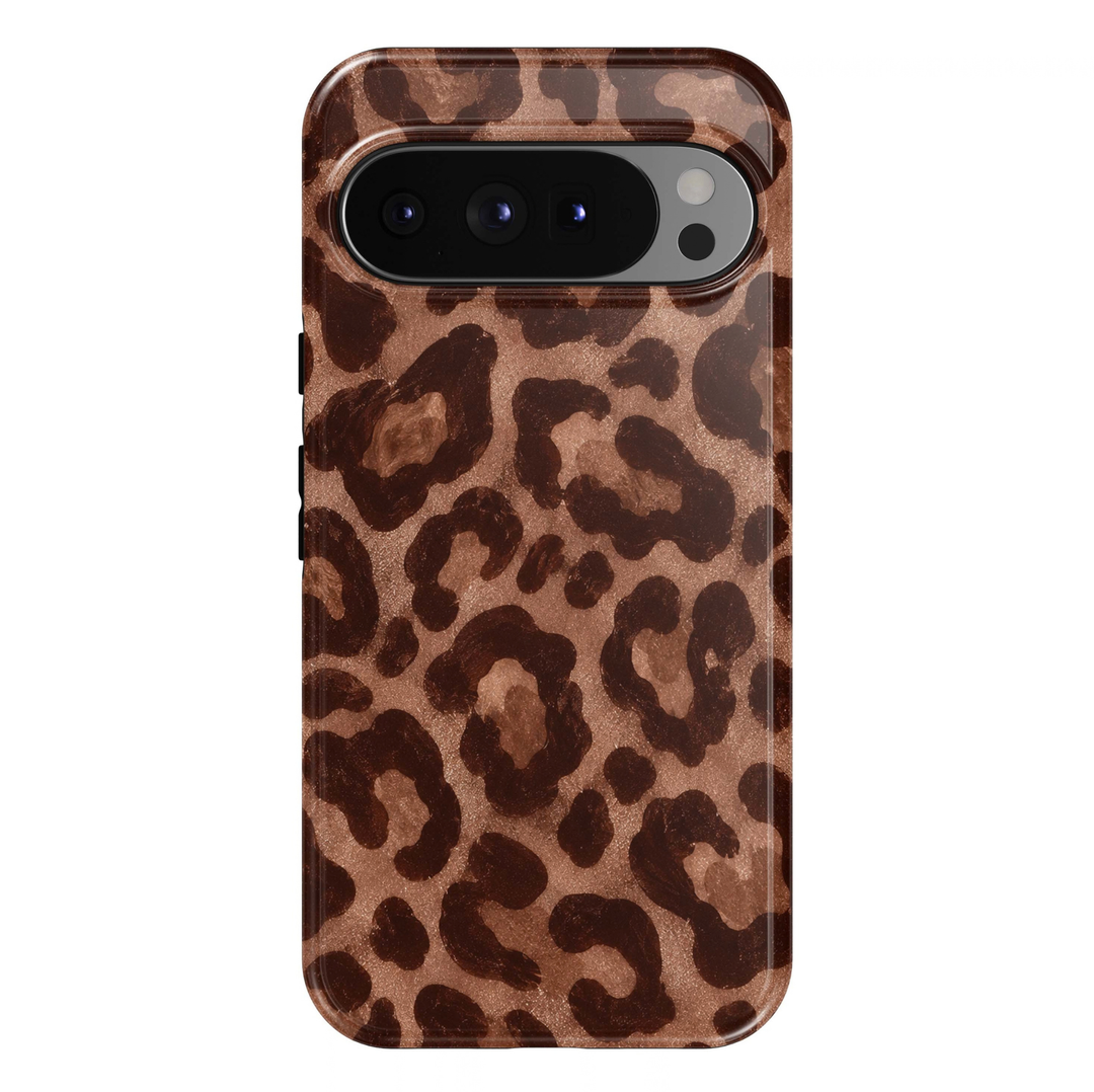Mocha Leopard Google Pixel phone case featuring bold dark chocolate brown leopard spots on a warm caramel brown background with a subtle printed shimmer effect.