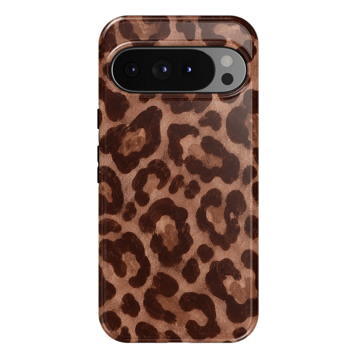 Mocha Leopard Google Pixel phone case featuring bold dark chocolate brown leopard spots on a warm caramel brown background with a subtle printed shimmer effect.
