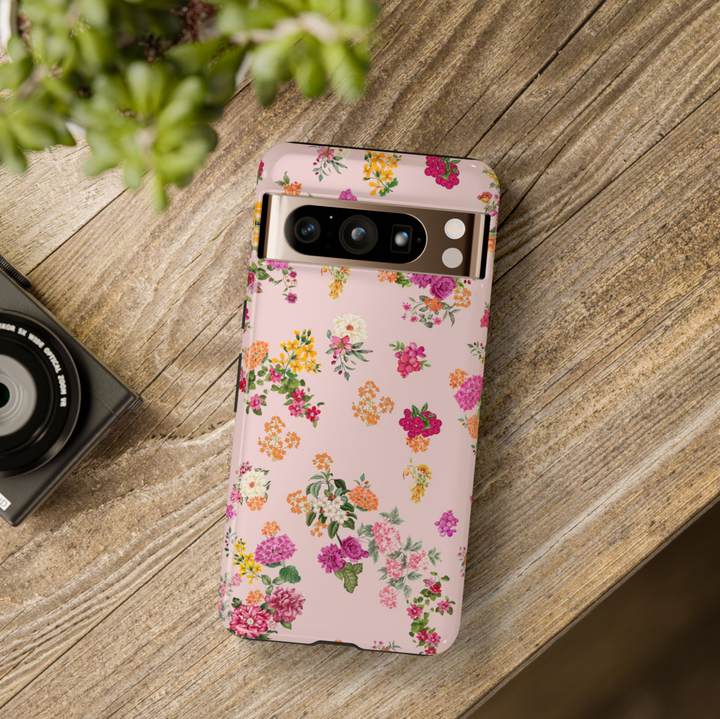 Pink floral Google Pixel 10 Pro case with vintage garden flowers on blush background protective tough case compatible with Pixel 10 Pro Pixel 9 Pro and Pixel 8 Pro feminine botanical aesthetic phone cover.