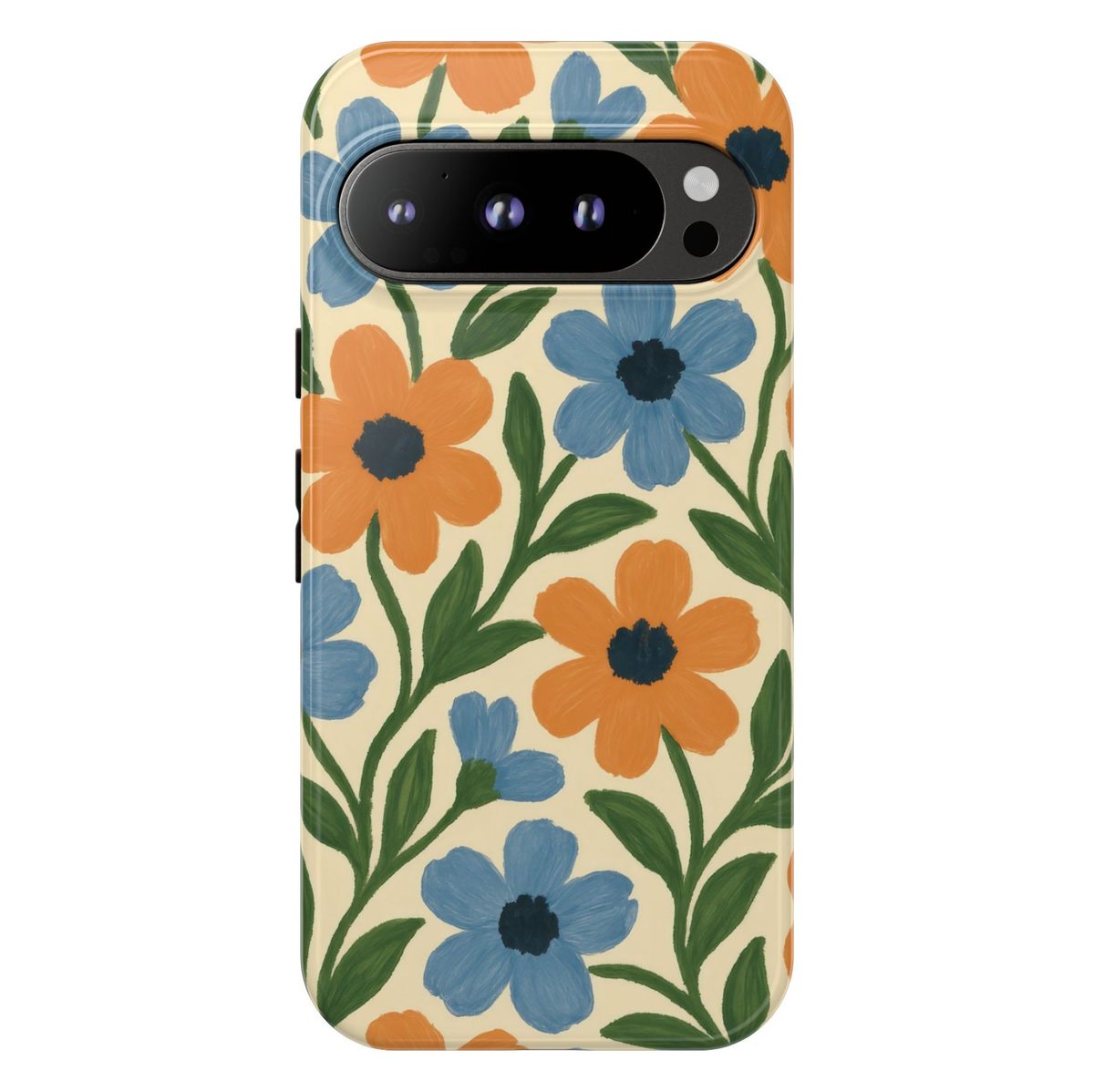 Google Pixel 10 protective phone case featuring a retro Scandinavian floral pattern with hand-painted blue and orange flowers, green leaves, and a soft cream background.