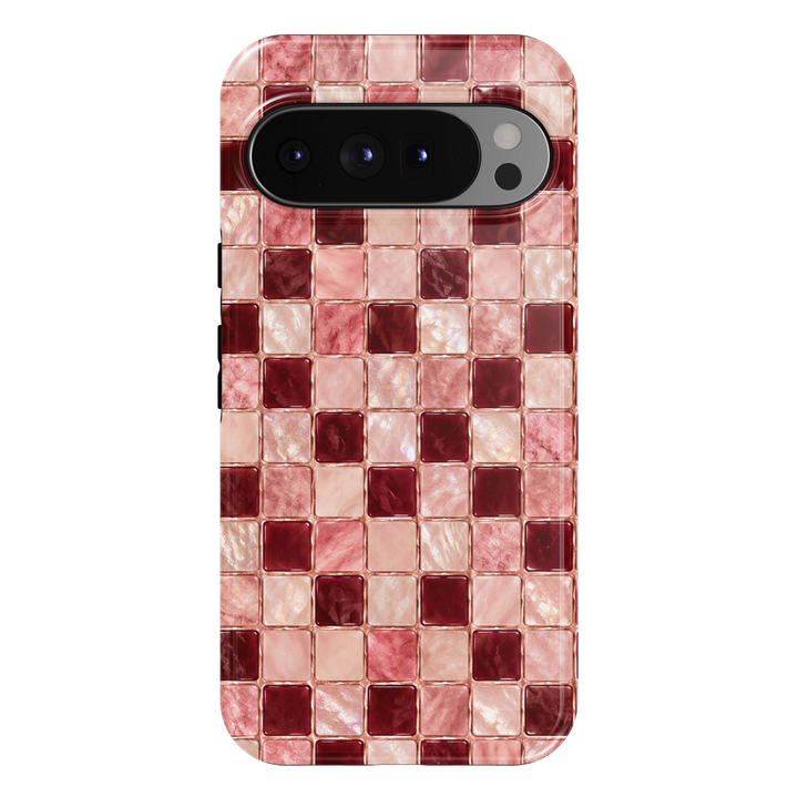 Rose Mosaic Google Pixel phone case featuring glossy mosaic-style square tiles in blush pink, rose gold, burgundy and pearlescent cream shades.
