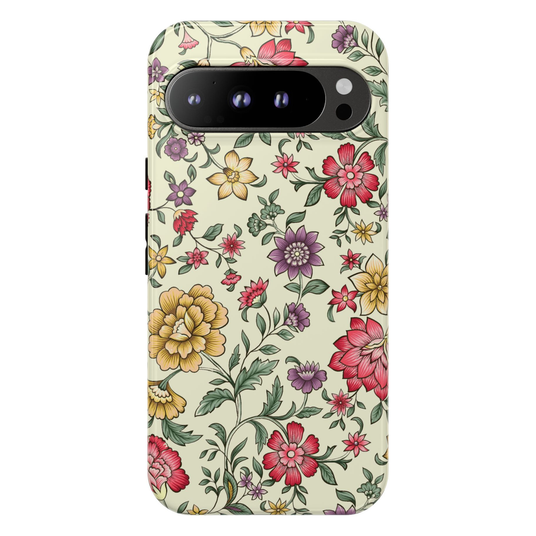 Vintage floral Google Pixel 10 Pro case with colorful botanical flowers and vines on neutral background protective tough case compatible with Pixel 10 Pro Pixel 9 Pro and Pixel 8 Pro classic garden aesthetic phone cover.