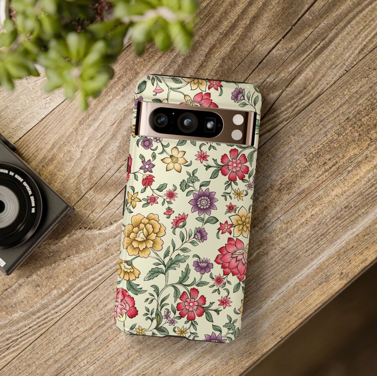 Vintage floral Google Pixel 10 Pro case with colorful botanical flowers and vines on neutral background protective tough case compatible with Pixel 10 Pro Pixel 9 Pro and Pixel 8 Pro classic garden aesthetic phone cover.