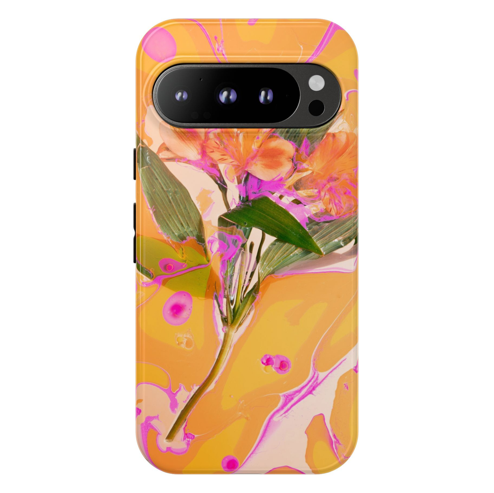 Google Pixel 10 protective phone case featuring vibrant orange orchids with abstract paint swirls in yellow, coral, hot pink, and cream for a modern botanical art design.