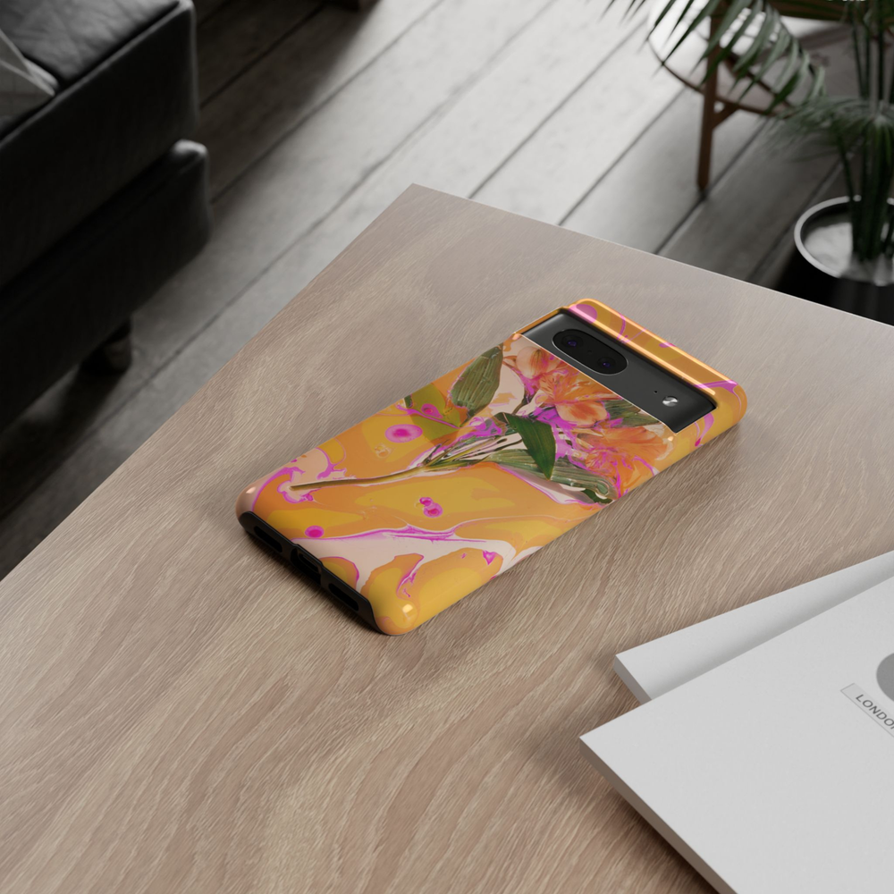 Google Pixel 10 protective phone case featuring vibrant orange orchids with abstract paint swirls in yellow, coral, hot pink, and cream for a modern botanical art design.