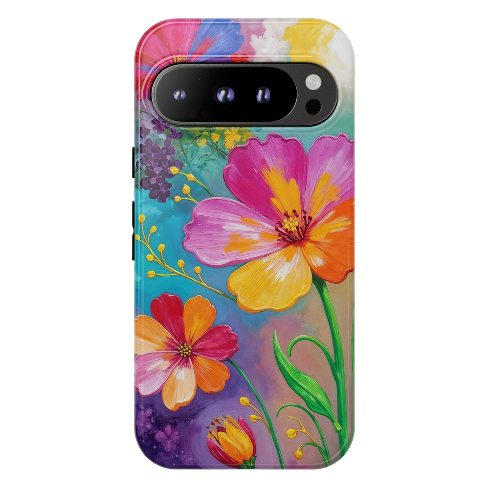 Google Pixel 10 protective phone case featuring vibrant modern flowers in pink, orange, yellow, and lavender on a colorful turquoise botanical background.