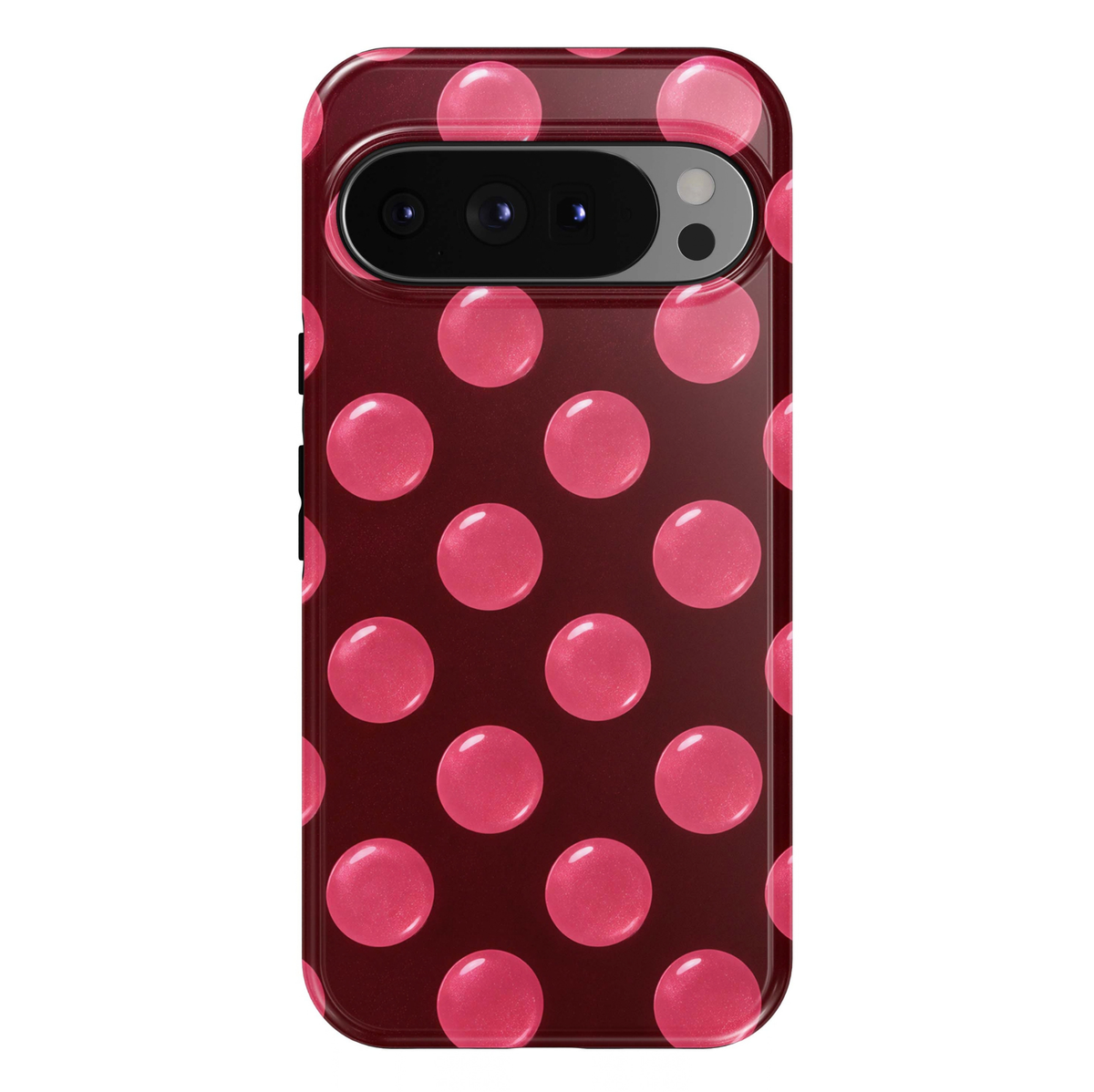 Pink Pop Google Pixel phone case featuring oversized glossy bubblegum pink polka dots on a deep burgundy red background.