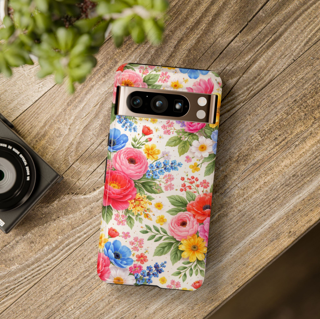 Colorful wildflower Google Pixel 10 Pro case with red yellow and blue meadow flowers on neutral background protective tough case compatible with Pixel 10 Pro Pixel 9 Pro and Pixel 8 Pro botanical floral phone cover.
