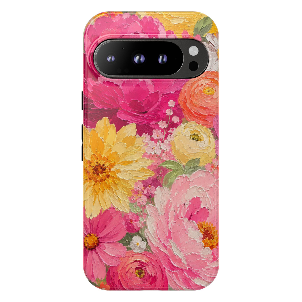 Google Pixel 10 protective phone case featuring a colorful impasto oil painting of pink peonies, yellow daisies, ranunculus, and blooming spring flowers on a vibrant floral background.