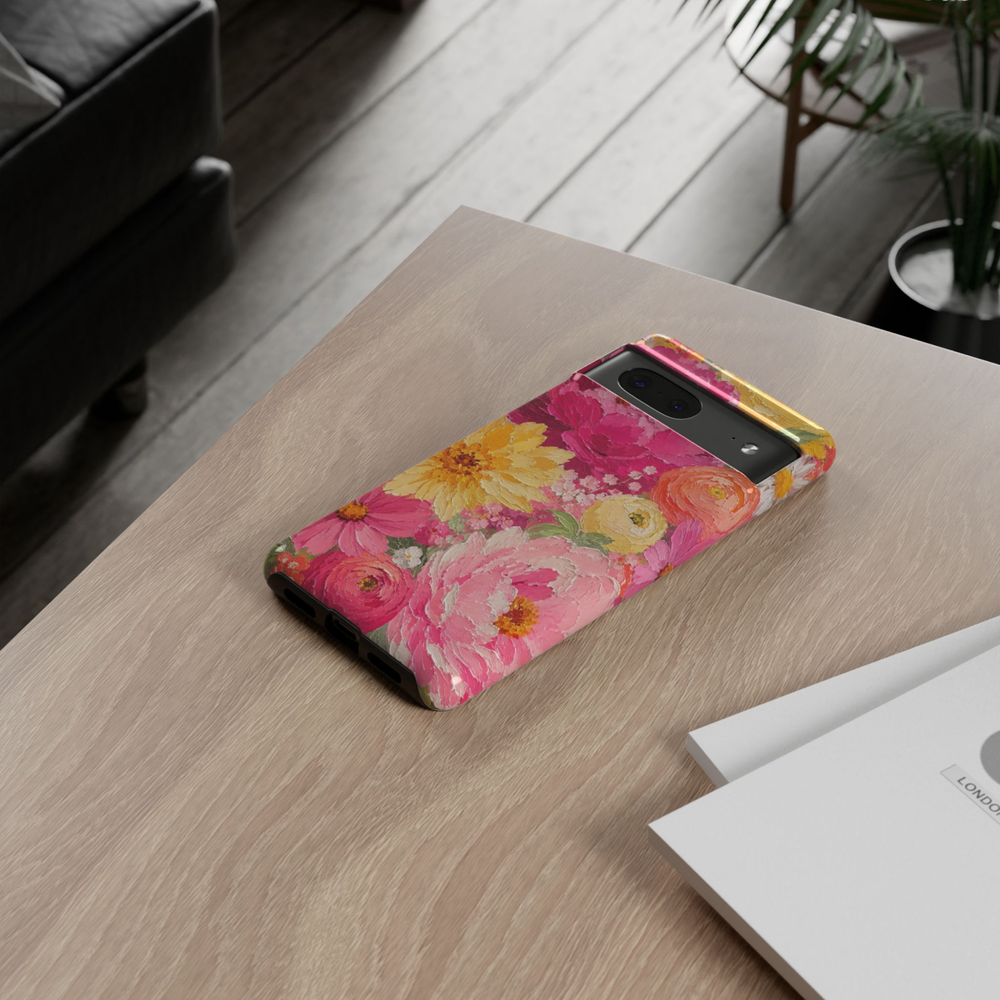 Google Pixel 10 protective phone case featuring a colorful impasto oil painting of pink peonies, yellow daisies, ranunculus, and blooming spring flowers on a vibrant floral background.