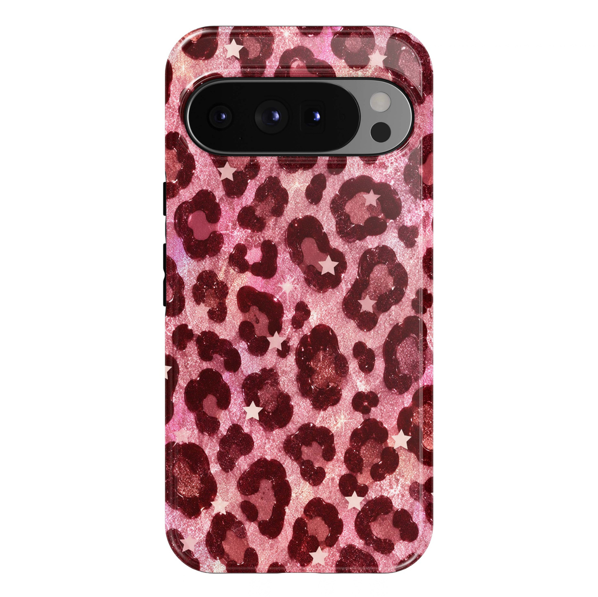 Pink Wildcat Google Pixel phone case featuring dark burgundy leopard spots, scattered pale pink stars and a sparkling pink glitter-effect printed background.