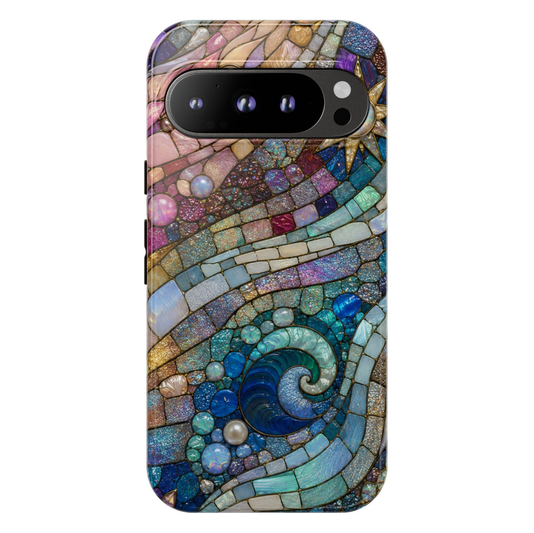 Google Pixel 10 protective phone case featuring a stained glass mosaic of swirling ocean waves with shimmering pearls, gemstones, and celestial sky in blue, teal, lavender, and gold tones.