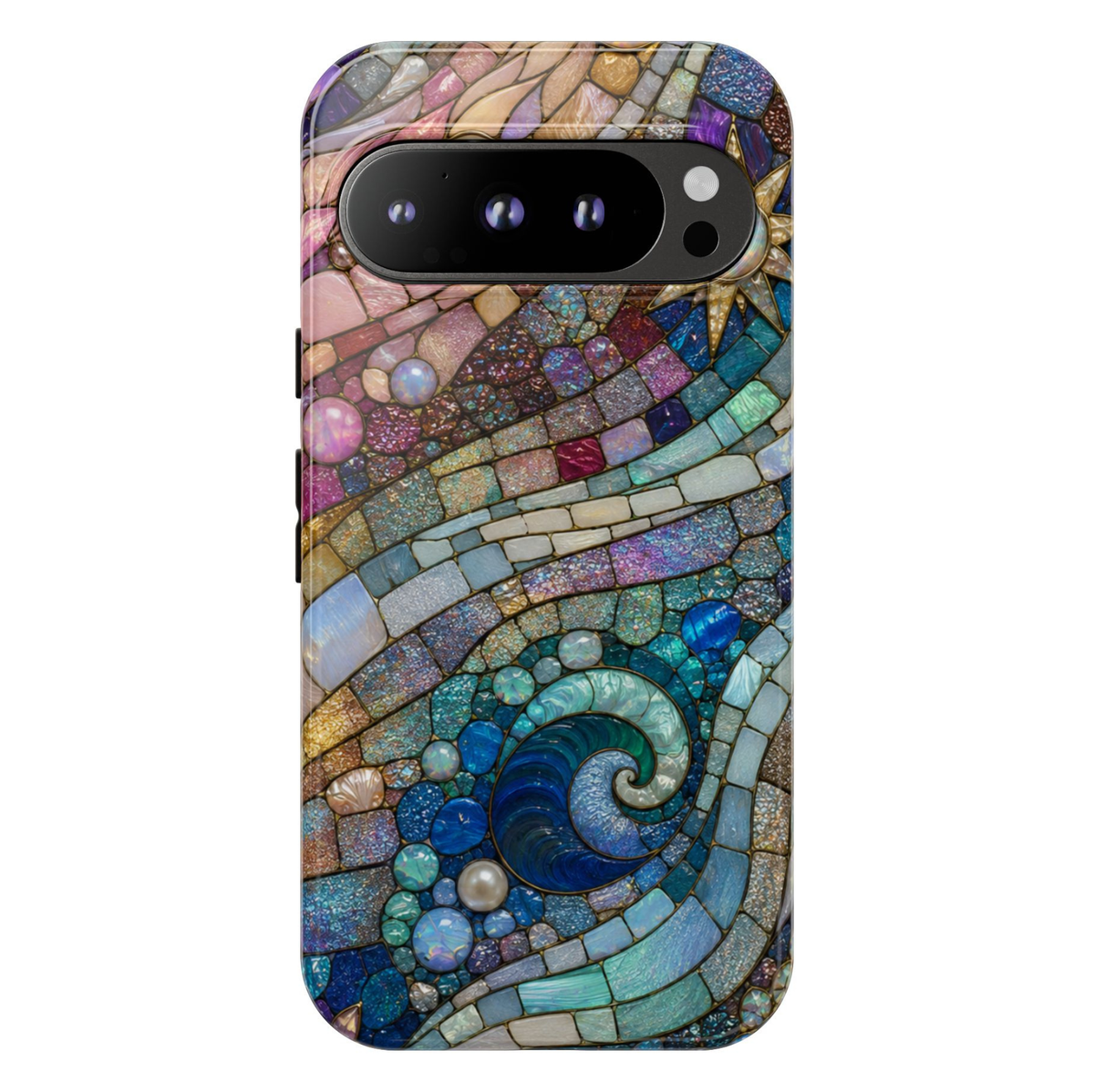 Google Pixel 10 protective phone case featuring a stained glass mosaic of swirling ocean waves with shimmering pearls, gemstones, and celestial sky in blue, teal, lavender, and gold tones.