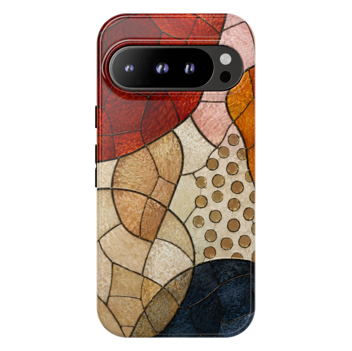 Google Pixel 10 protective phone case featuring a modern abstract stained glass mosaic in terracotta, beige, ivory, blush, and navy geometric shapes.